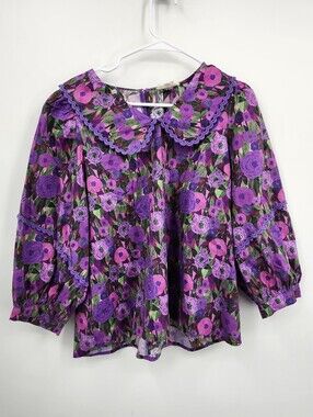 Entro Purple Floral print Peter Pan Collar puff sleeve top Sz L